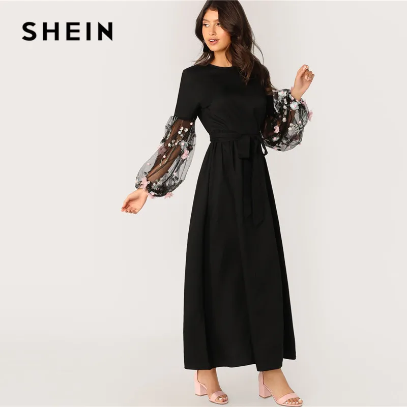 SHEIN Цветочная аппликация Сетчатое платье-фонарь рукав пояс женское платье круглый вырез Платье макси с длинным рукавом Высокая талия элегантное платье