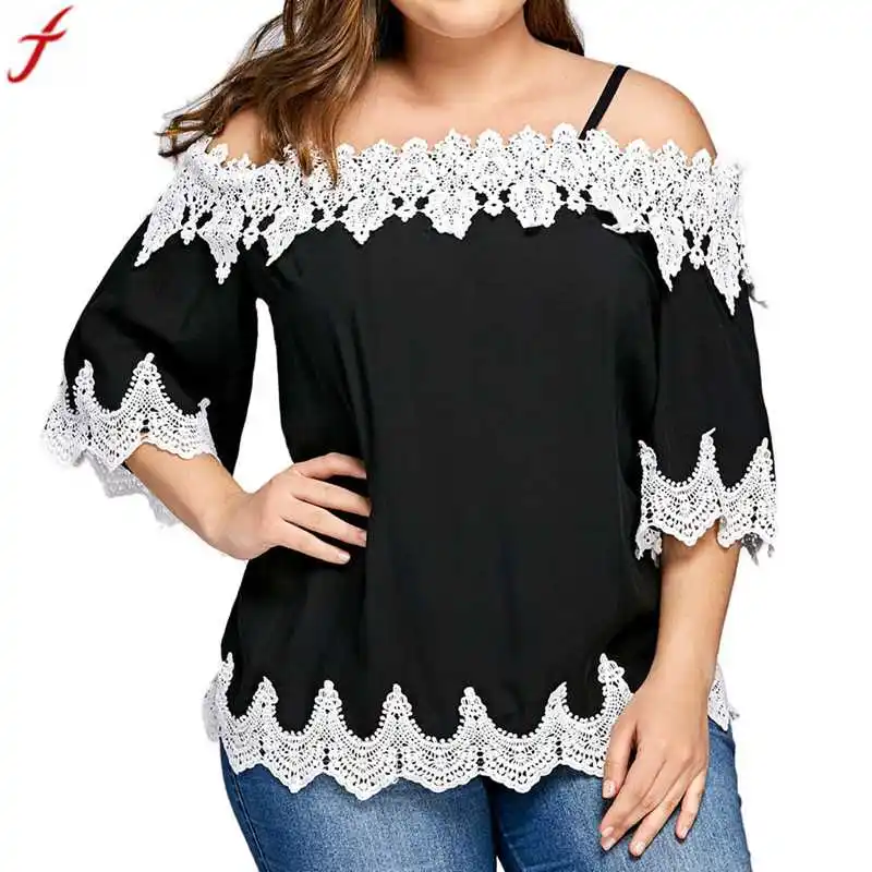 Женская блузка с открытыми плечами летняя кружевная рубашка большого размера
