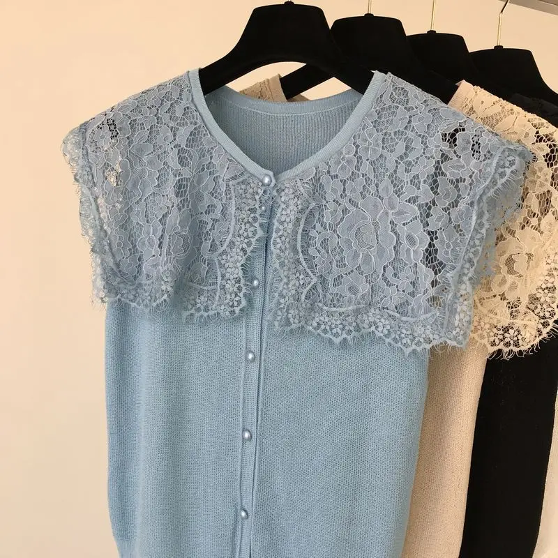 ALPHALMODA Летний Женский вязаный кардиган с кружевным воротником, однобортный кружевной кардиган в стиле пэчворк, милая Повседневная летняя одежда