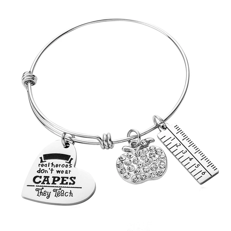 

12PC/Lot Real Heroes Don't Wear Capes Stainless Steel Teacher Bangle Bracelet Thank You Gifts Apple Charm Bracelets Ruler