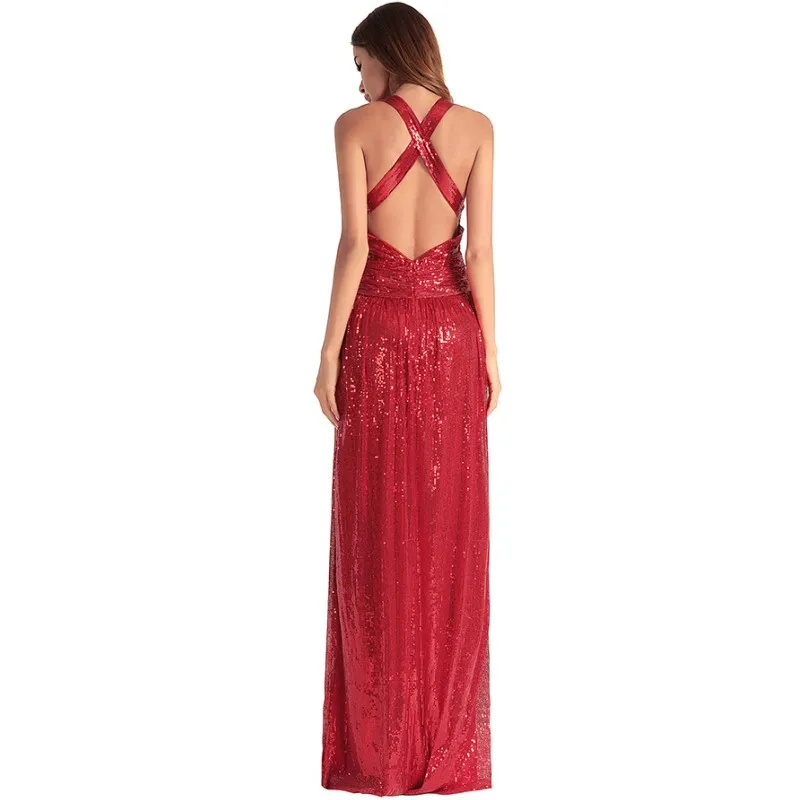 

Sequin Long Dress Elegant Club Party Beauty Women's Cross Open Back Strap Sexy Maxi Dresses Gown Vestidos De Fiesta H1331