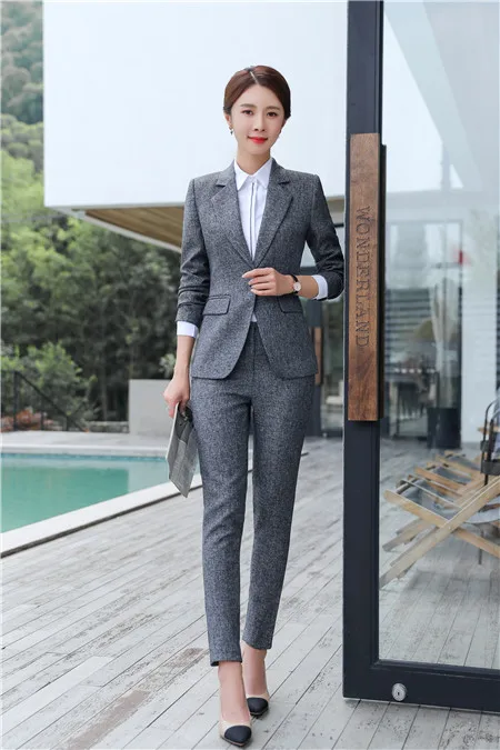 grey pant suit Костюм женский брючный костюм женский костюмы женские женский костюм Женский деловой костюм Офисная Женская юбка костюмы Деловая спецодежда комплект из 2 предметов Блейзер Жакет с разрезом осенняя одежда 4XL XXXL XL L - Цвет: grey pant suit
