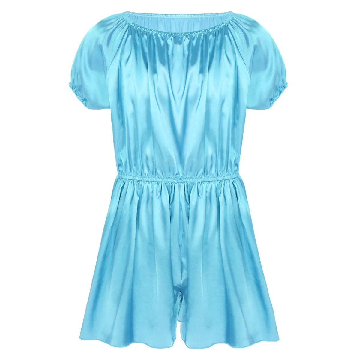 Light Blue Мужское нижнее белье SISSY с коротким рукавом и эластичным вырезом и талией, мягкие блестящие атласные брюки с оборками, одежда для сна, мужские пижамы для геев - Color: Light Blue