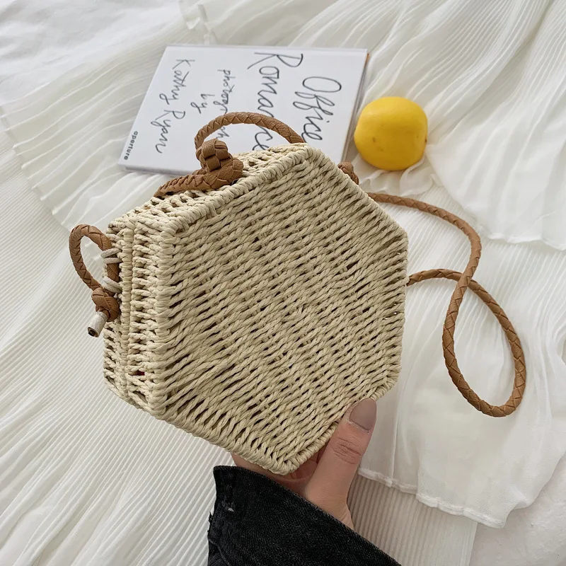 Женская Соломенная пляжная сумка через плечо с шестигранной сумкой для женщин 2019