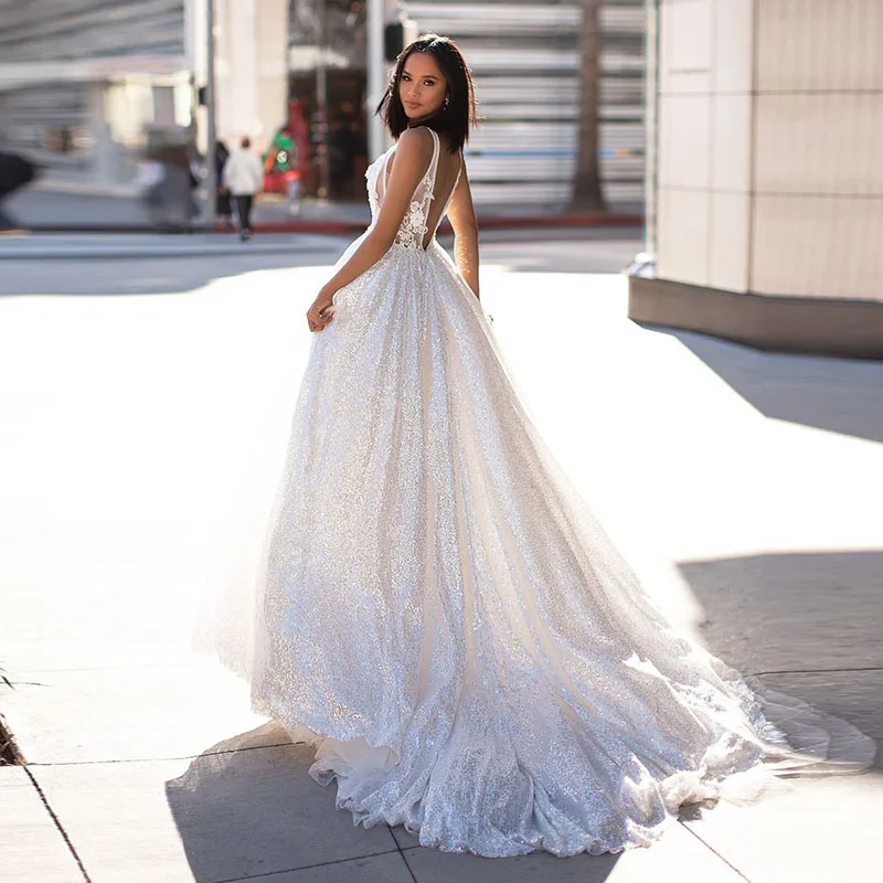 Свадебное платье с блестящей аппликацией vestido de noiva Серебряное для невесты без