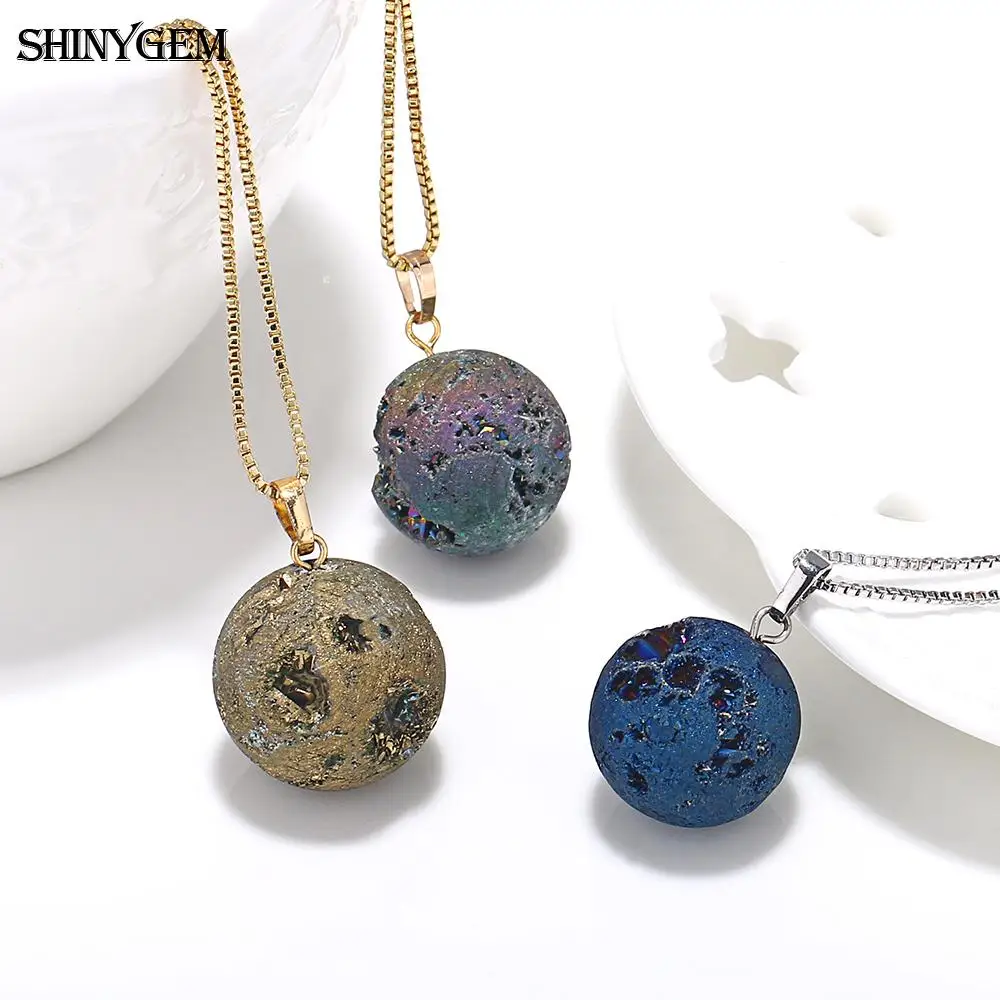 ShinyGem минеральный кристалл шар ожерелья Золото и серебро натуральный Друза камень ожерелья Луна планета, шар кулон ожерелья для женщин