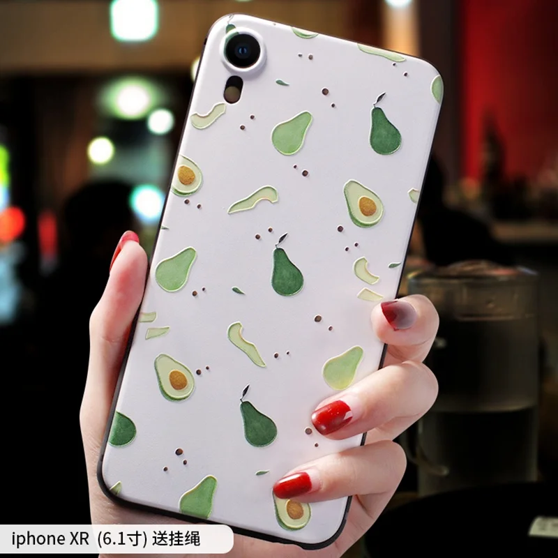 Cartoon Cute avocado peach Emboss case For Iphone XS MAX X XR 7 8 Plus cover 6 6S PLUS |