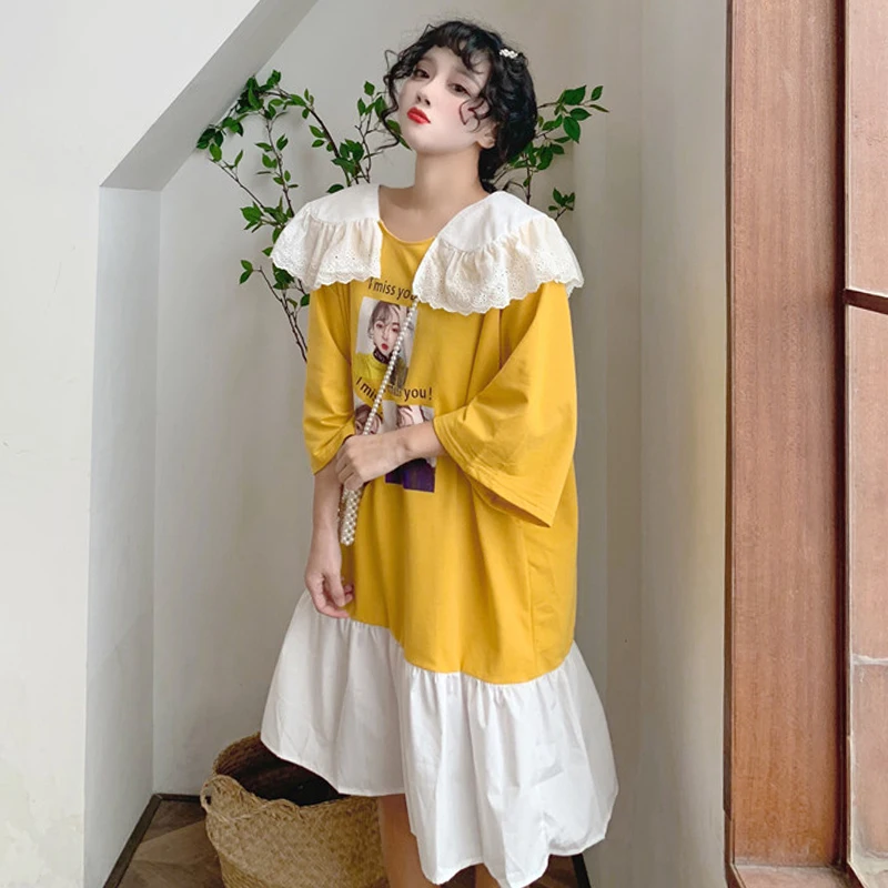 Женская одежда кружевное платье с отложным воротником три четверти свободное