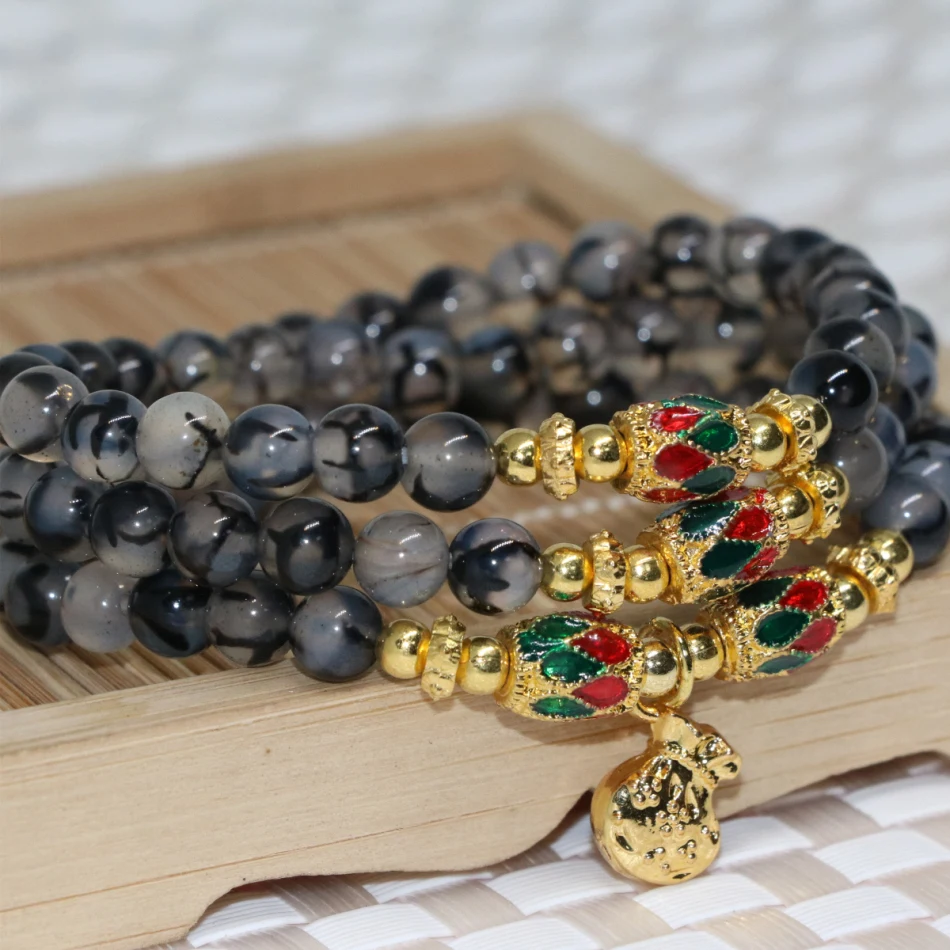 Wholesale Price Natural Stone Carnelian Onyx 6mm Black Dragon Agat Veins Multilayer Bracelets Round Beads Women Jewelry B2230 | Украшения и