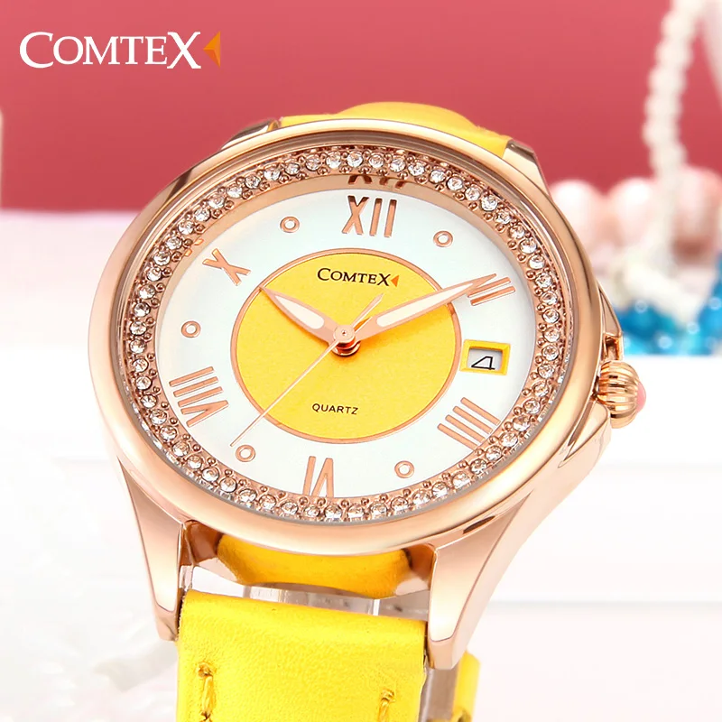 Comtex желтый женские часы Повседневная серебристый корпус Кожаный ремешок основа