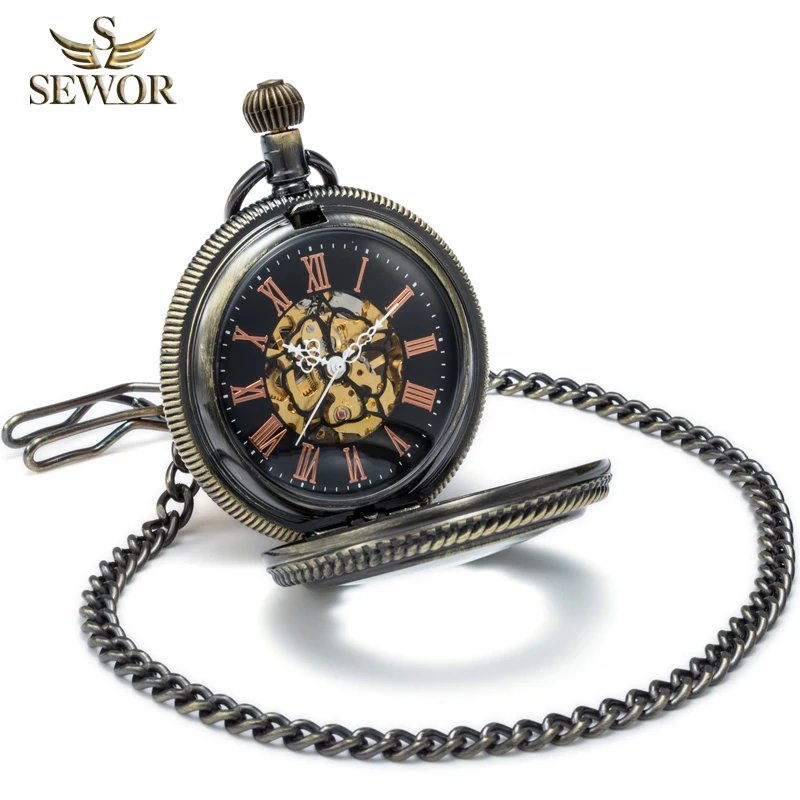

SEWOR Mens Watches Top Luxury Brand Fashion Bronze Enamel Red Roman Number Mechanical Hand Wind Pocket Watches Мужские часы C164