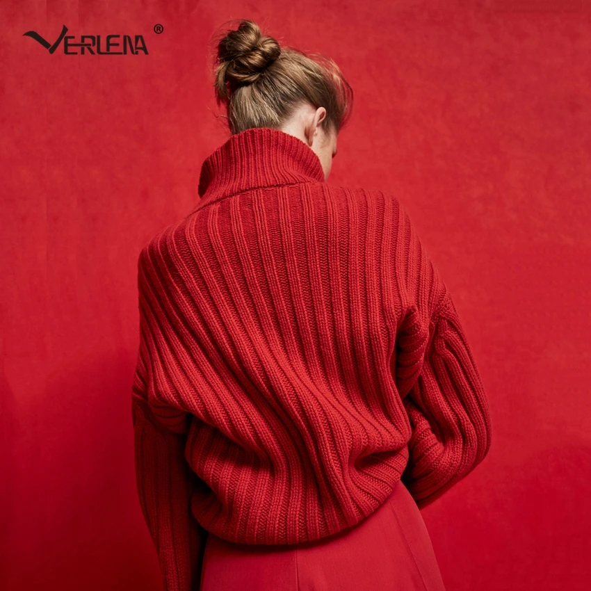 Verlena 2018 толстый теплый осенний красный свитер женский полосатый длинный
