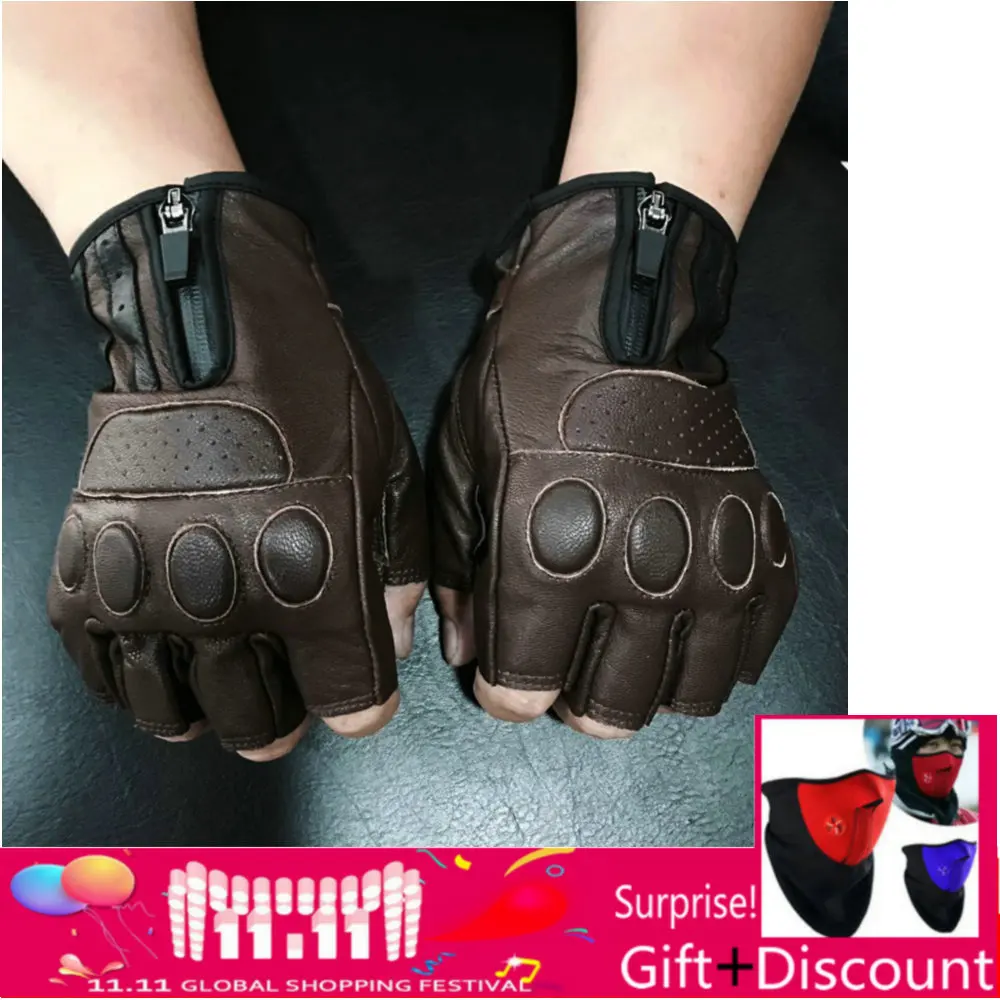 Байкерские кожаные перчатки мужские мотоциклетные с открытыми пальцами в ретро