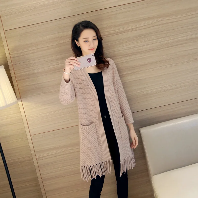 Женский вязаный длинный кардиган однотонный свободный свитер с V-образным