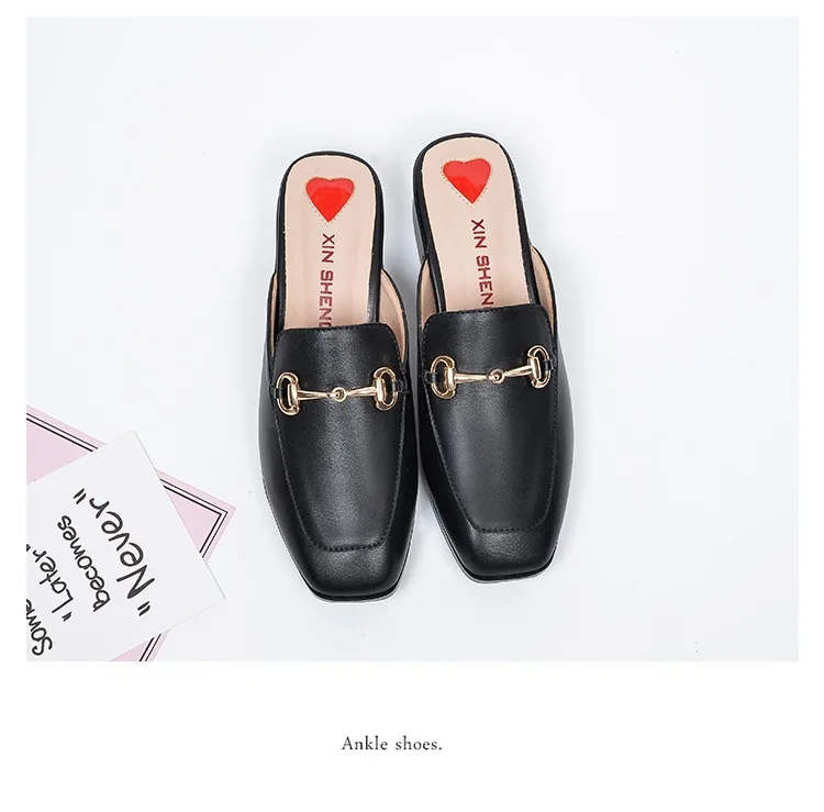 Summer Fashion Genuine Leather Mules Block Heels Shoes Woman Slipper Modis Black Casual Shoes Women Ladies Sliders Female