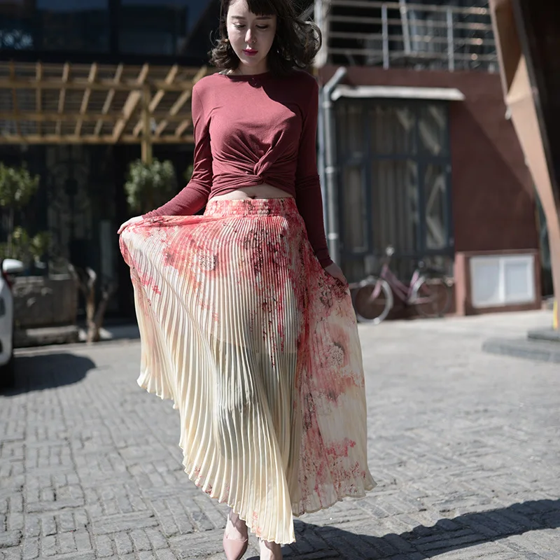 

FLOWER SKY Women Floral Long Skirt High Waist Casual Pleated Skirts for Party Club Ladies Saia Fenimias
