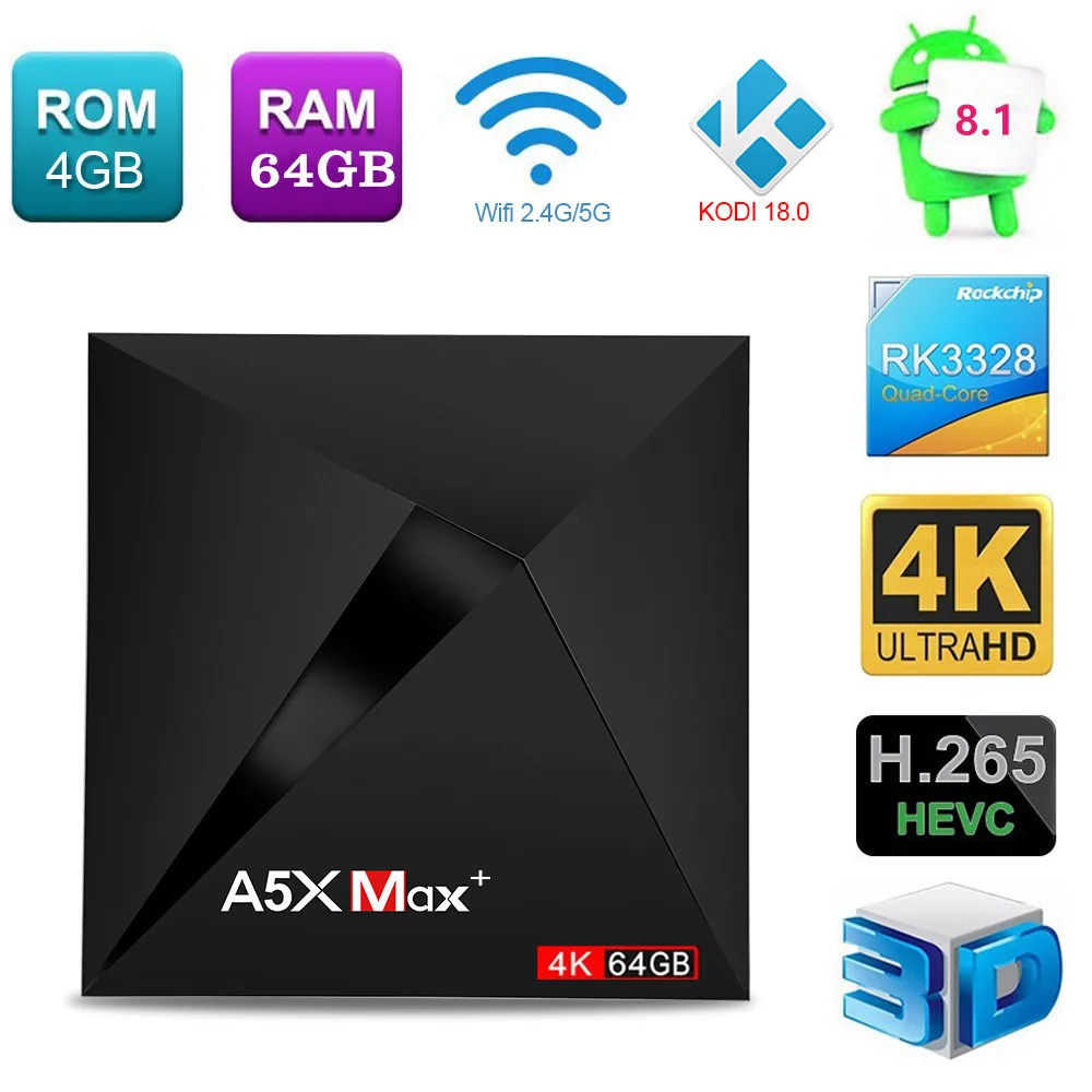 Smart Android ТВ Box 8 1 A5X Max + RK3328 4 ГБ/64 ГБ Двойной Wi Fi Bluetooth коробка HD 4k Media Player Set top