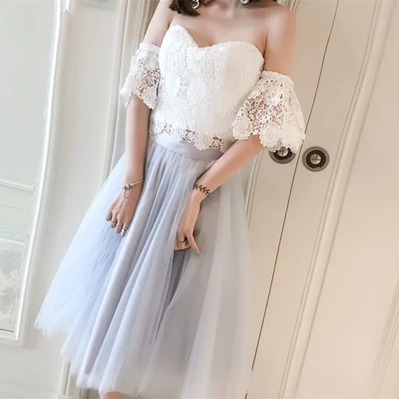 Two Pieces White Lace And Grey Tulle Sweetheart Short Sleeve Off The Shoulder robe de soiree Abendkleider Party Dress One-piece | Женская