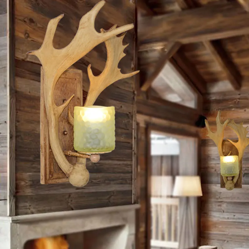 American Village Decoration Stairs Antler Wall Lamp Nordic Personality Bedside Aisle Lighting with glass lamp shade | Лампы и