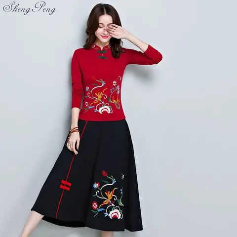 Китайский Восточный Женский комплект из двух предметов, весна-осень, брючный костюм, женский винтажный костюм с цветочным принтом, элегантная юбка Q458