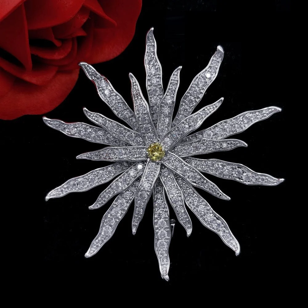 Festival Vintage Micro Pave CZ Firework Brooches Silver Tone Multi Petals Domed Yellow Stone Flower Pins Broach for Cape Jewelry | Украшения
