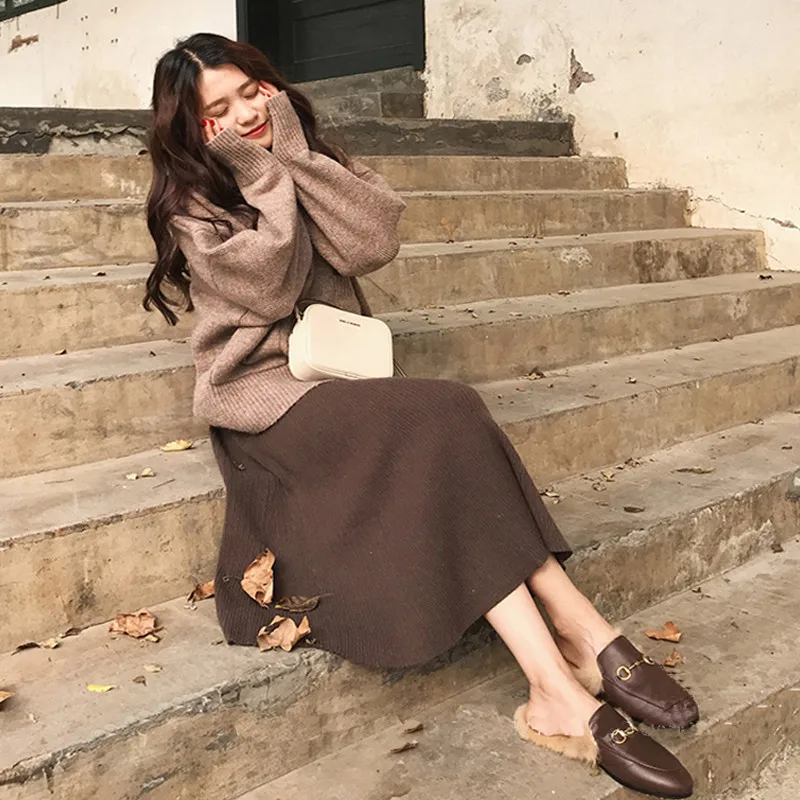 

New Autumn Winter Fashion Women Turtleneck Knitted Bottoming Sweater Suit Female Casual Loose 2 Piece Set Skirt And Pullover A62