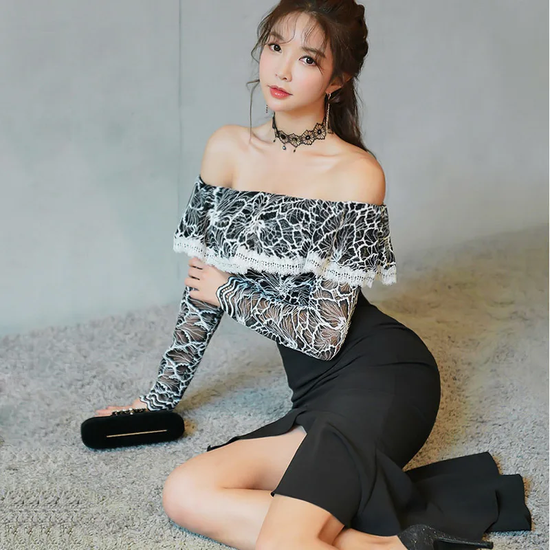 Женский комплект из 2 предметов черный кружевной винтажный Топ с длинным рукавом