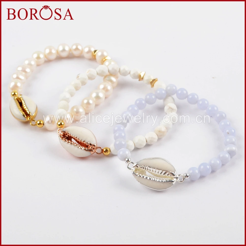 BOROSA 1 шт. раковина Cowrie с пресноводным жемчугом бусы Howlite Синий Халцедон Браслеты