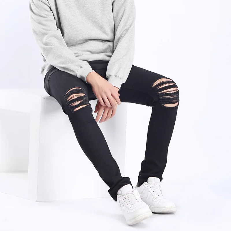 QMGOOD Black Skinny Jeans Men Knee Hole Men's Joggers Distressed Stretch Trousers Slim Fit Pants Street 2018 New | Мужская одежда