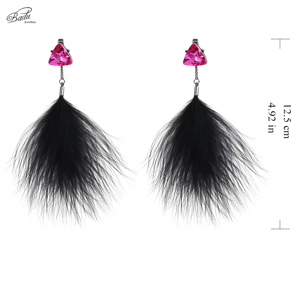 

Badu Triangle Crystal Earring Women Black Ostrich Feather Long Drop Earrings Fashion Jewelry 2017 Lovely Fashion Prom Party