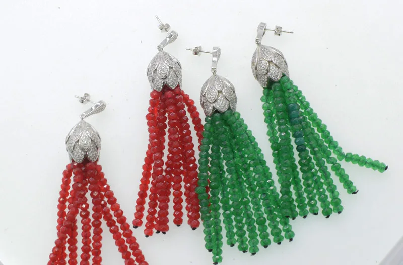 one pair green red jade color roundel faceted 4*2mm tassle hook earrings 80mm wholesale beads FPPJ | Украшения и аксессуары