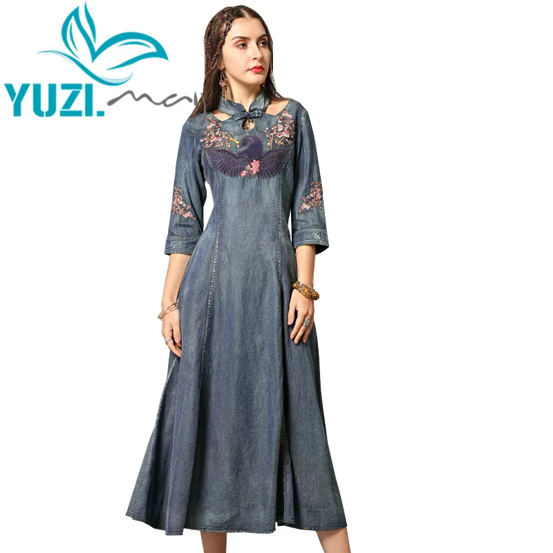 Летнее платье 2019 Yuzi.may Бохо новые джинсовые женские платья с воротником стойкой