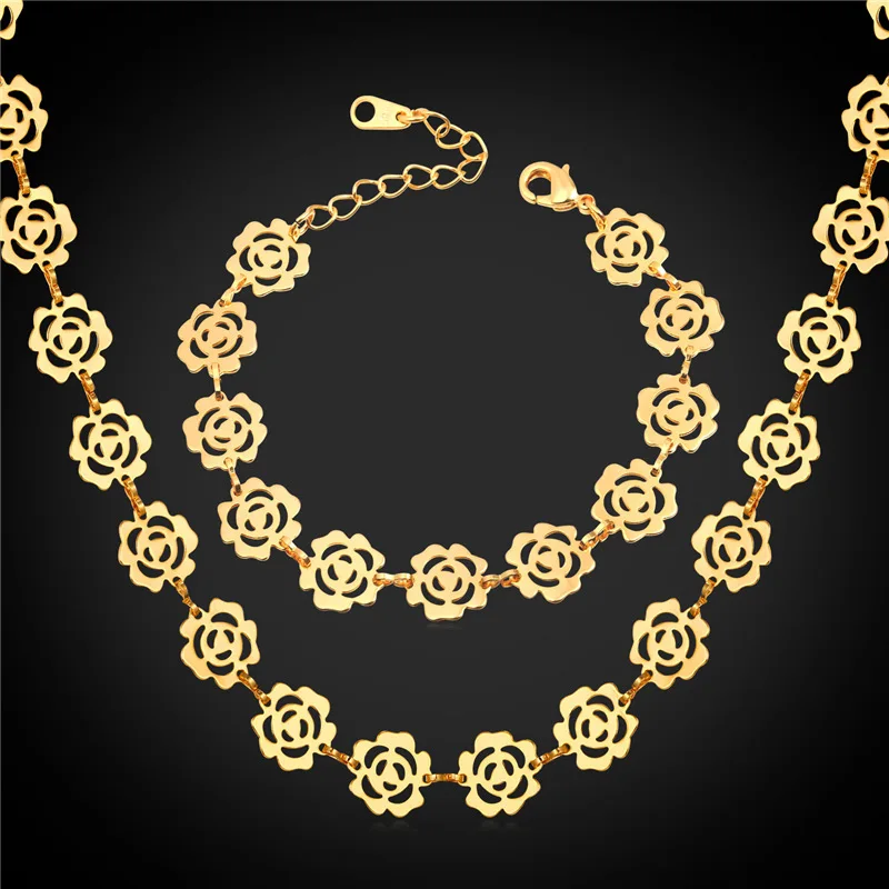 Flower Jewelry Bracelet And Necklace Set Rose/Yellow Gold/Silver Color Costume For Women Gift NH1622 | Украшения и аксессуары