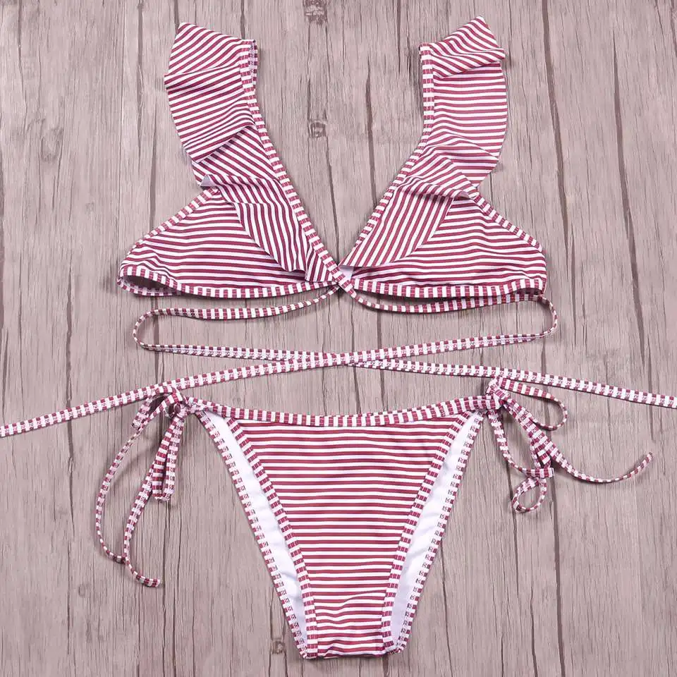 Женский купальник с пуш ап KayVis бразильский бандо оборками и принтом пляжный