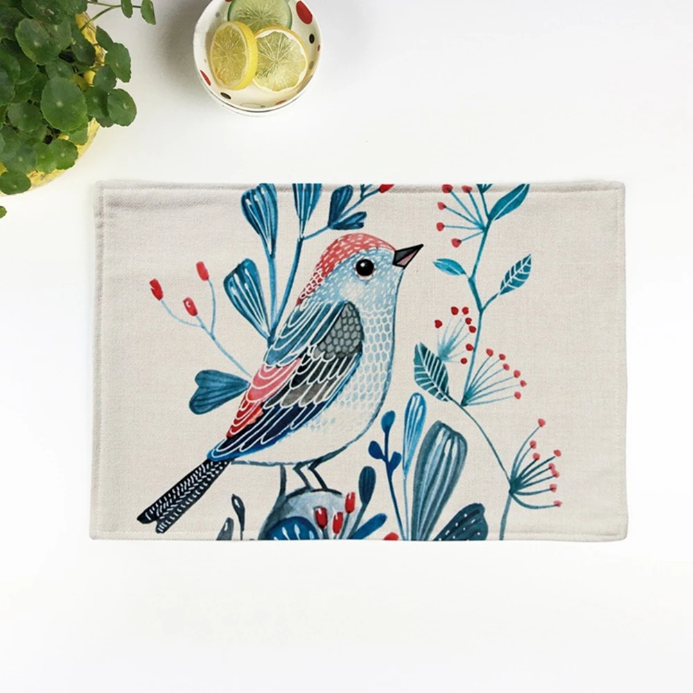 4pcs European birds embroidered Placemat restaurant tea towels bowls coasters Western tableware pad linen kitchen table mats | Дом и сад