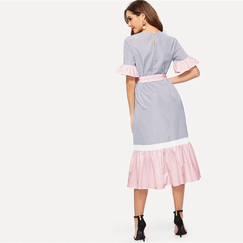 SHEIN модное платье в полоску с оборкой и цветным поясом,, Boho, весна-лето, короткое платье с воланом, рукав, туника, цельнокроеное женское платье