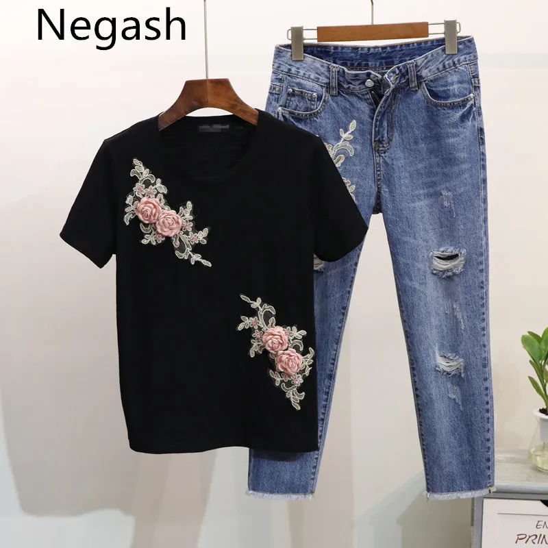Новое поступление Для женщин вышивка цветочные футболки и Джинсовая Брючный
