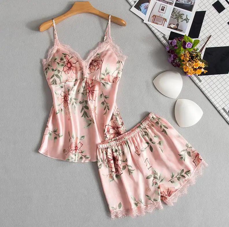 pink B Атласная женская пижама с подушками на груди, сексуальная женская пижама, кружевная Пижама для сна, 5 штук в комплекте, Женская домашняя одежда - Цвет: pink B