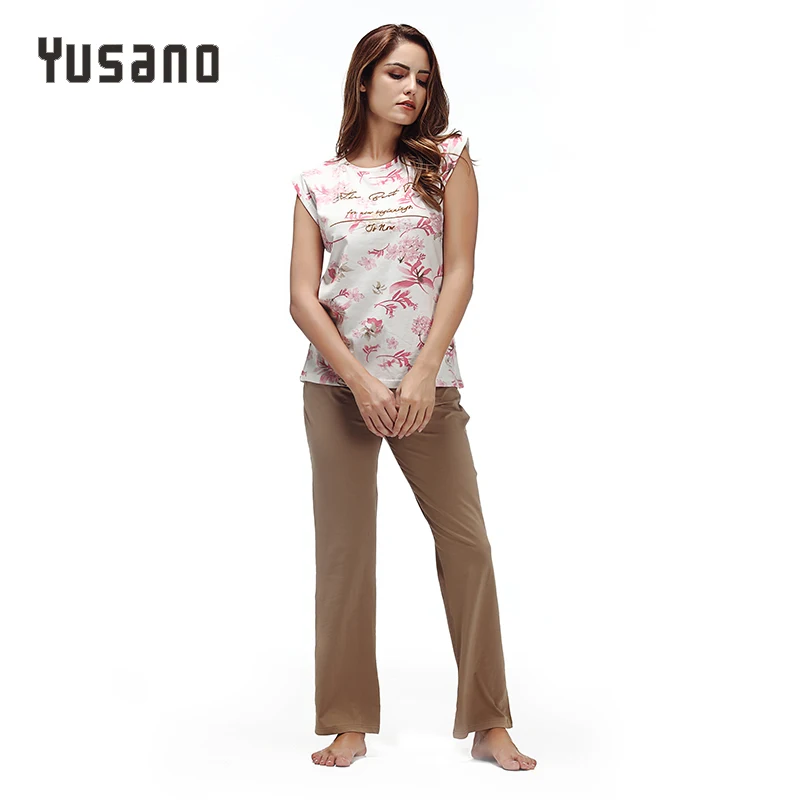 Yusano Cotton Pajamas Women Floral O neck Sleepwear for Girl Sleeveless Top & Long Pants Soft Pijama Feminino Inverno 2017|cotton pajamas|cotton