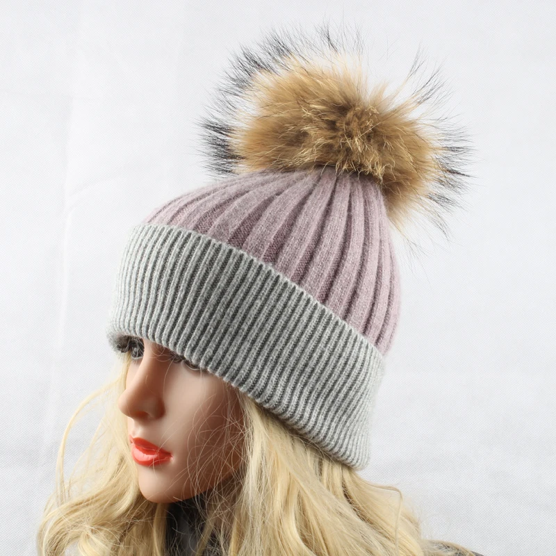 Зимние шерстяные шапки для женщин шапка с меховым помпоном женская трикотажная