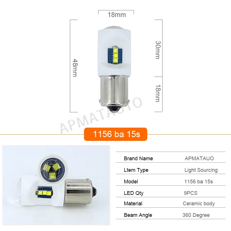 

2pcs P21W LED 1156 BA15S PY21W Cerami LED Bulbs Car Lights 1500Lm Turn Signal Reverse Brake Light R5W LEDs 12V Automobiles Lamp