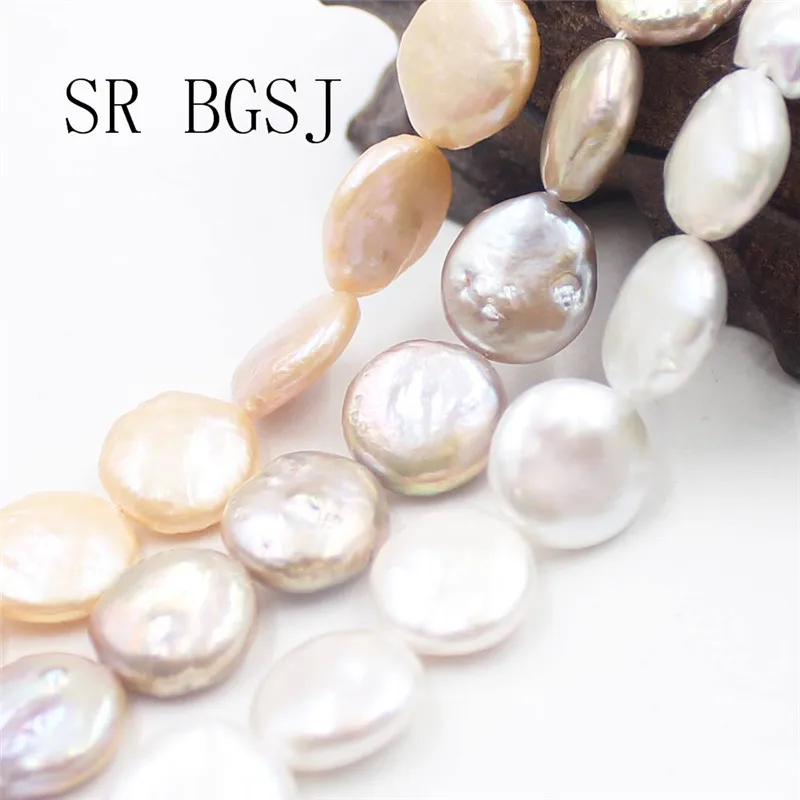 

Free Shipping 14mm Thick White Purple Pink Coin Pearl Natural Freshwater Pearl Beads Strand 15"