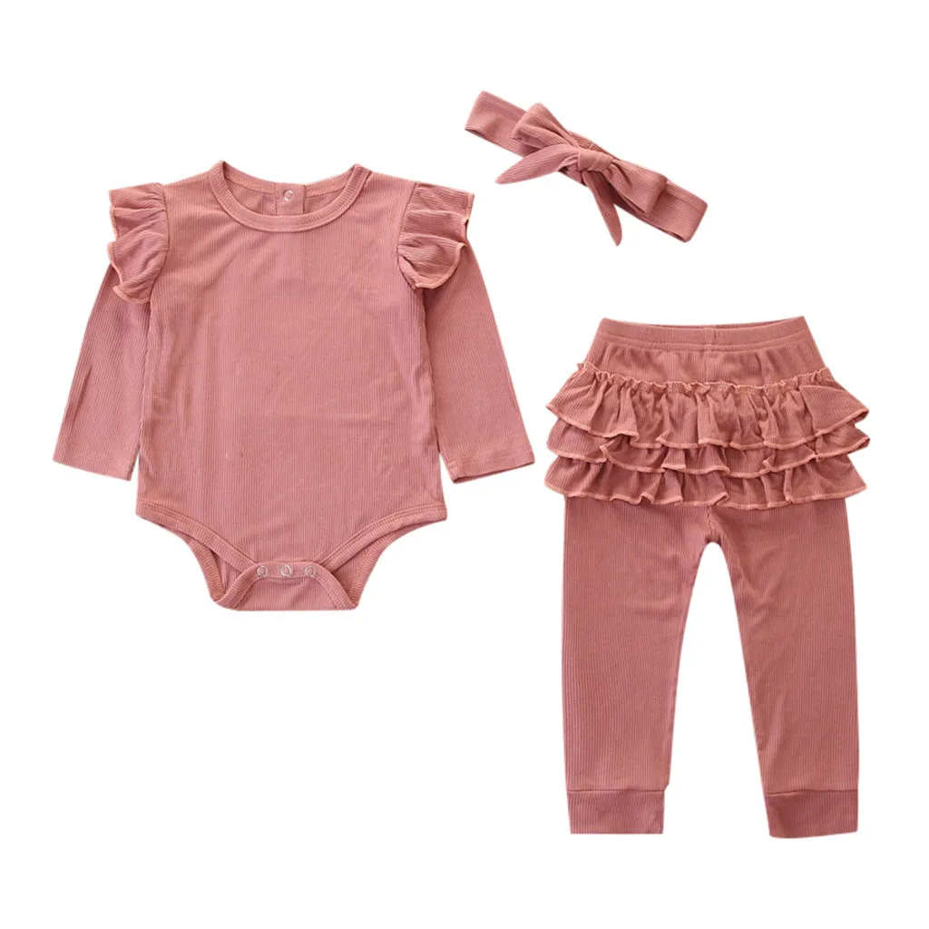 Pink Одежда для маленьких девочек; Однотонный комбинезон с длинными рукавами; длинные штаны; повязка на голову; Одежда для новорожденных; осенние комплекты для малышей - Цвет: Pink