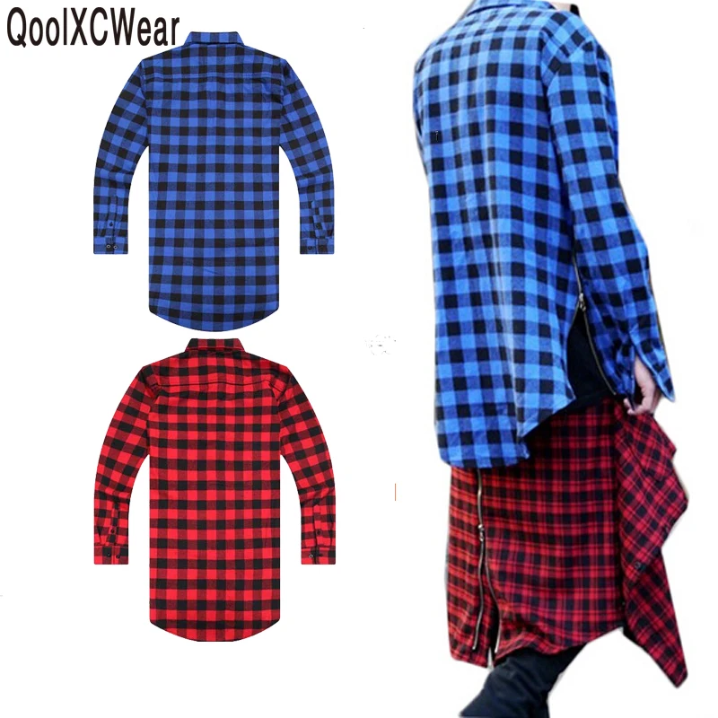 QoolXCWear удлиненная длинная высокая низкая боковая молния Унисекс Мужская Swag футболка хип хоп Мужская Уличная кромка в клетку синий красный