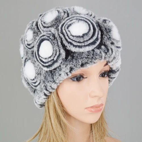 color 3 Новинка, женская шапка Skullies, настоящий мех кролика, зимняя, цветочный мех кролика Рекс, шапочки, шапка для девочек, цветы, шапки из меха кролика рекс - Цвет: color 3