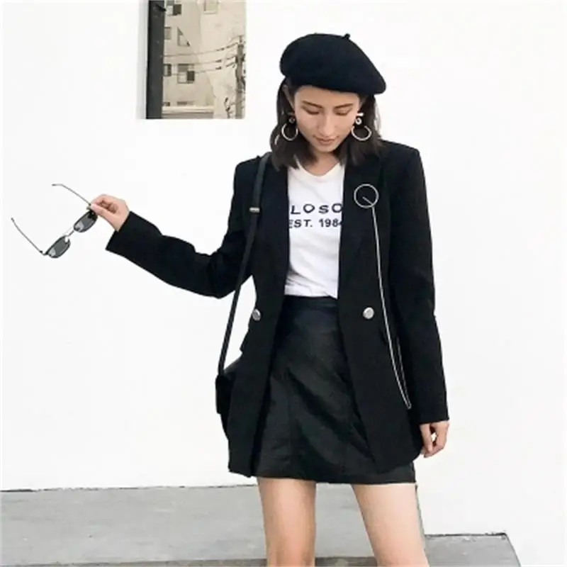 

Women Blazers Jackets Suit Ladies Long Sleeve New autumn Double Breasted Chain brooch casual retro loose black long blazer