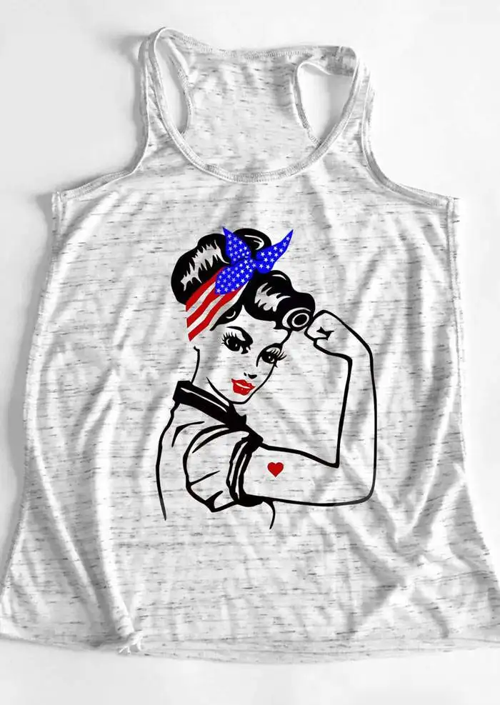 

2018 Fashion Women Tank Tops Rosie the Riveter American Flag Hairband Print Tank Female Casual White Vest Ladies Tops Tee