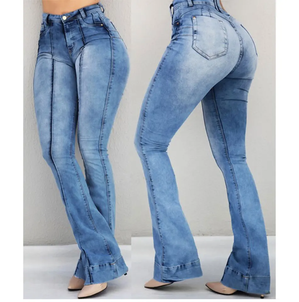 jeans woman new Retro wash elastic hips South American style wide leg flare plus size women jeans