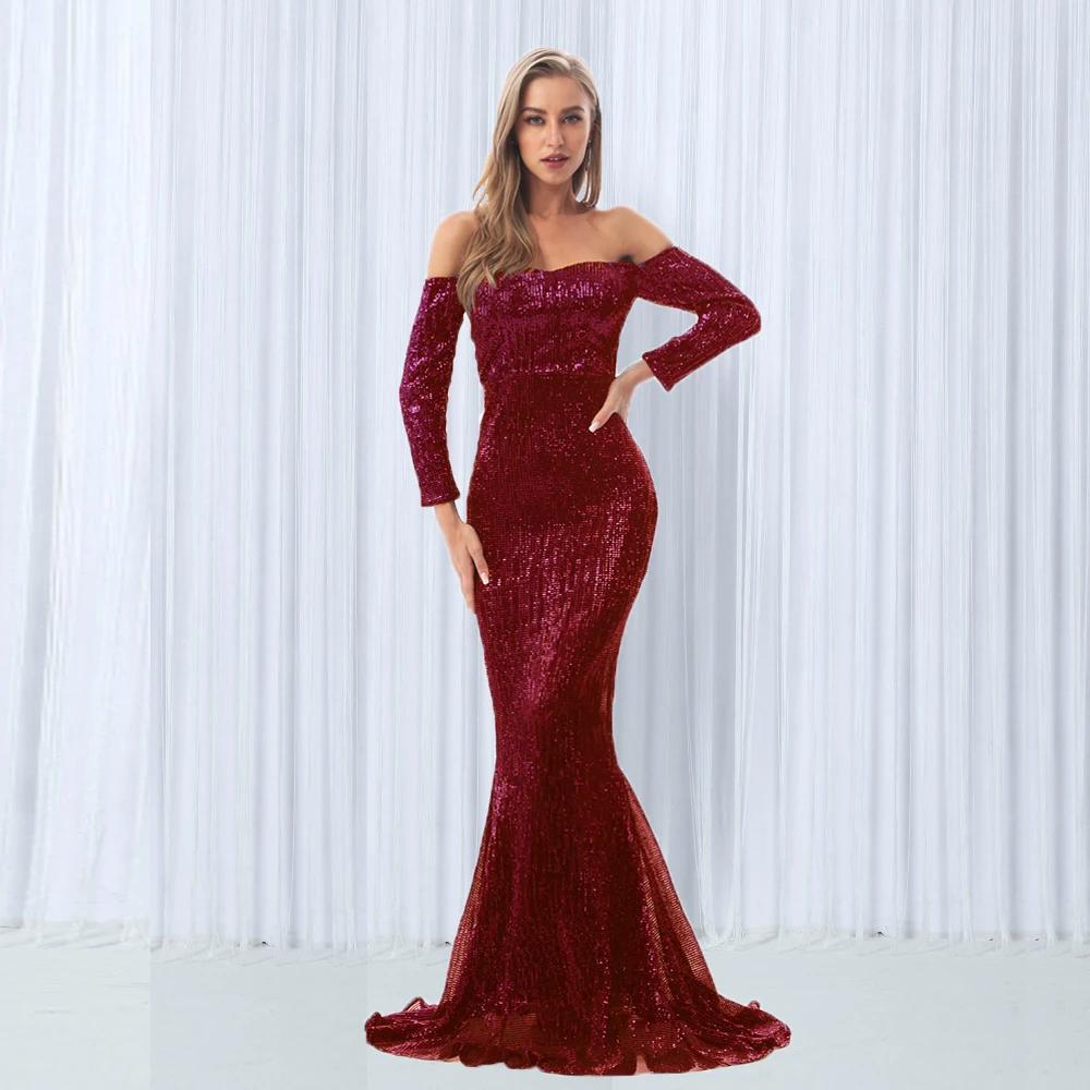 

Burgundy Stretchy Sequined Evening Party Dress Slash Neck Off The Shoulder Floor Length Maxi Dress Dress Back Zipper Maxi Dress