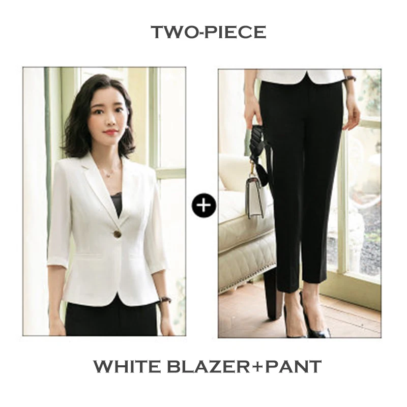 White blazer-pant Летние плюс размерные куртки bluco mujer три четверти рукав Блейзер платье комплект из 2 предметов Женская офисная униформа брюки платье костюм для женщин - Цвет: White blazer-pant